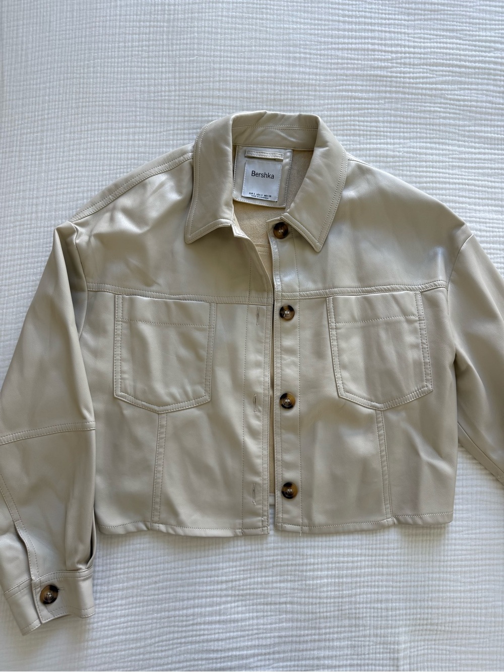 Bershka Cream Cropped Faux Leather Jean Jacket NWOT